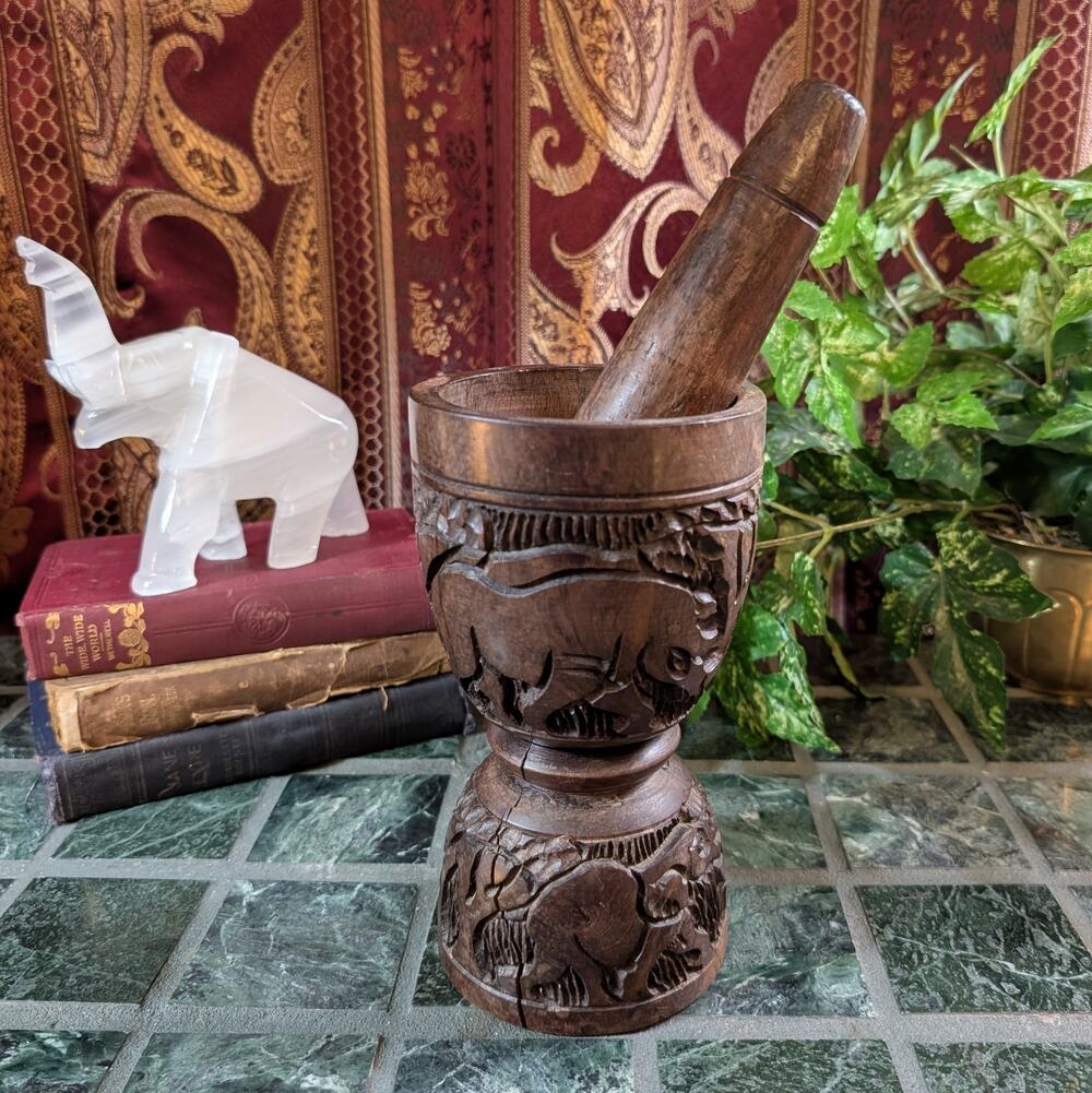 Vintage Hand-Carved Wood Mortar & Pestle, Likely Indian, Elephant & Rhinoceros